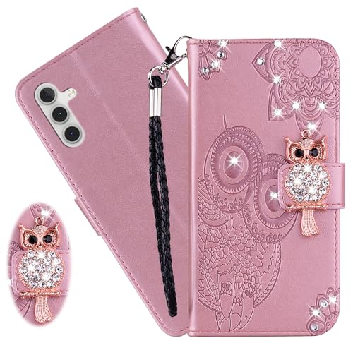 CCSmall Schutzhülle für Samsung Galaxy A25 5G, Brieftaschen-Schutzhülle für Damen, Glitzer, Diamant, PU-Leder, Flip-Folio-Cover mit Kartenfach und Handschlaufe, für Samsung Galaxy A25 5G, Eule, von CCSmall