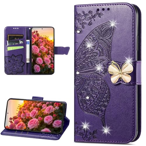 CCSmall Schutzhülle für Samsung Galaxy S24, Brieftaschen-Schutzhülle für Damen, Mädchen, geprägtes Blumenmuster, Schmetterling, PU-Leder, Folio-Schutzhülle mit Kartenschlitzen, Strass, Dunkelviolett CCSmall Schutzhülle für Samsung Galaxy S24, Brieftaschen-Schutzhülle für Damen, Mädchen, geprägtes Blumenmuster, Schmetterling, PU-Leder, Folio-Schutzhülle mit Kartenschlitzen, Strass, Dunkelviolett von CCSmall
