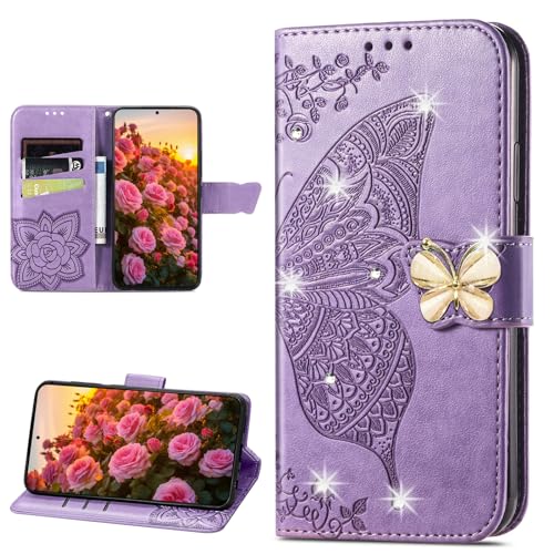 CCSmall Schutzhülle für Samsung Galaxy S24 Plus (nicht S24), Brieftaschen-Schutzhülle für Damen, geprägtes Blumenmuster, Schmetterling, PU-Leder, Folio-Schutzhülle mit Kartenschlitzen, Strass, Lila von CCSmall