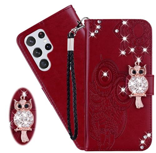 CCSmall Schutzhülle für Samsung Galaxy S24 Ultra (nicht S24) für Damen, Glitzer-Bling Diamant, PU-Leder, Flip-Folio-Cover mit Kartenfach und Handschlaufe, für Samsung S24 Ultra, Eulen-Rot von CCSmall