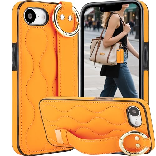 CCSmall Schutzhülle für iPhone 16e mit Handschlaufe, Ständer, niedlich, PU-Leder, niedlich, mit Fingerring, stilvoll für Damen und Mädchen, Schutzhülle für Apple iPhone 16e, ZWD Orange von CCSmall