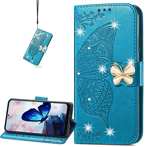 CCSmall für Samsung Galaxy A54 5G Wallet Case für Frauen Mädchen, Glänzende Schmetterling Blume PU Leder Cover mit Kartenfach Halter Flip Handyhülle für Samsung Galaxy A54 5G Strass Blau von CCSmall