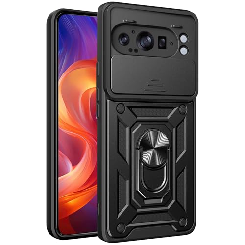 CSmall Schutzhülle für Google Pixel 9 Pro XL, mit Schiebe-Kamera-Objektivabdeckung, Militärqualität, stoßfest, mit drehbarem Ring, Ständer, Hülle für Google Pixel 9 Pro XL SJ, Schwarz von CCSmall