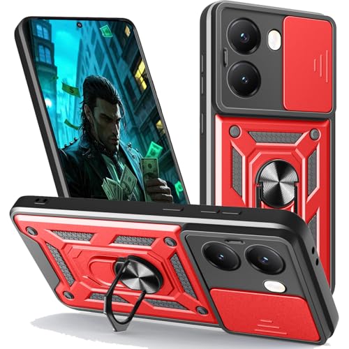 CSmall Schutzhülle für Xiaomi Poco X7 Pro, mit Schiebe-Kamera-Objektivabdeckung, Militärqualität, stoßfest, mit drehbarem Ring, Ständer, ultimativer Schutz, Schutzhülle für Xiaomi Poco X7 Pro SJ, Rot von CCSmall