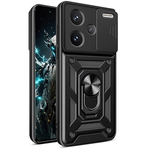 CSmall Schutzhülle für Xiaomi Redmi Note 13 Pro+ Plus 5G, mit Schiebe-Kamera-Objektivabdeckung, Militärqualität, stoßfest, Schutzhülle mit Ringständer, für Redmi Note 13 Pro Plus 5G SJ, Schwarz von CCSmall