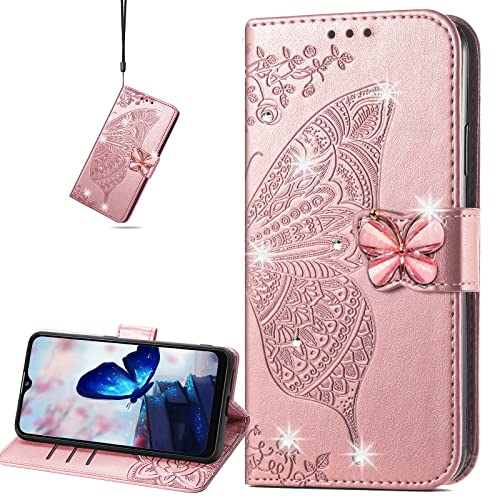 Google Pixel 7 Schutzhülle für Frauen Mädchen, Glänzende Schmetterling Blume PU Leder Handyhülle mit Kartenhalter Flip Strap Wristlet, Strass Rose Gold von CCSmall