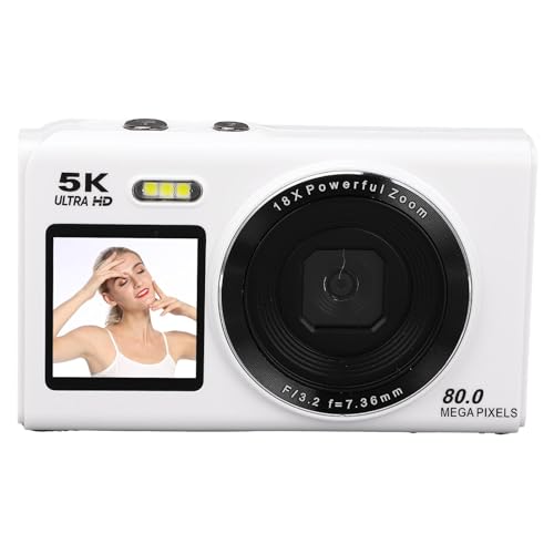 5K Digitalkamera für Fotografie, 80 MP Dual -Bildschirm 18x Zoom WiFi Selfie -Kamera mit Integrierter Flash- und Webcam -Funktion, für Reisevideographie Vlogging (White) von CCYLEZ