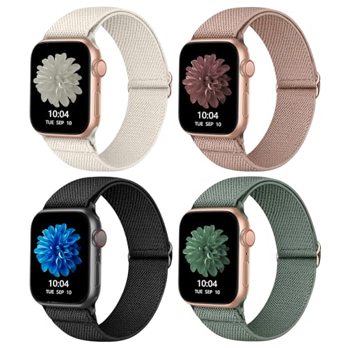 CCnutri Elastisches Nylon Loop Armband Kompatibel mit Apple Watch 38mm 40mm 41mm 42mm 44mm 45mm 49mm, Stoff Geflochtenes Sport Band Damen Herren für iWatch Ultra SE Series 8 7 6 5 4 3 2 1, 4 Stück von CCnutri