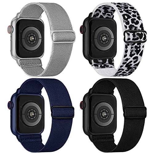 CCnutri Elastisches Nylon Loop Armband Kompatibel mit Apple Watch 38mm 40mm 41mm 42mm 44mm 45mm 49mm, Stoff Geflochtenes Sport Band Damen Herren für iWatch Ultra SE Series 8 7 6 5 4 3 2 1, 4 Stück von CCnutri