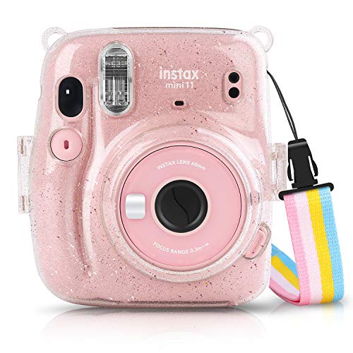 CELION Transparente Schutzhülle für Fujifilm Instax Mini 11 Sofortbildkamera-robuste PVC-Schutzhülle mit Abnehmbarem Twill Schultergurt (Glitzer+Regenbogen) von CELION