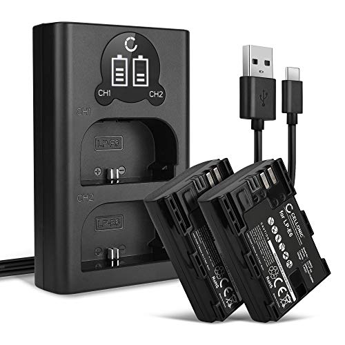 CELLONIC, Akku für Kamera, kompatibel mit Blackmagic Pocket Cinema 4k, Canon LP-E6NH (7.4V, 2000mAh) 2 Stück + Dual Ladegerät von CELLONIC