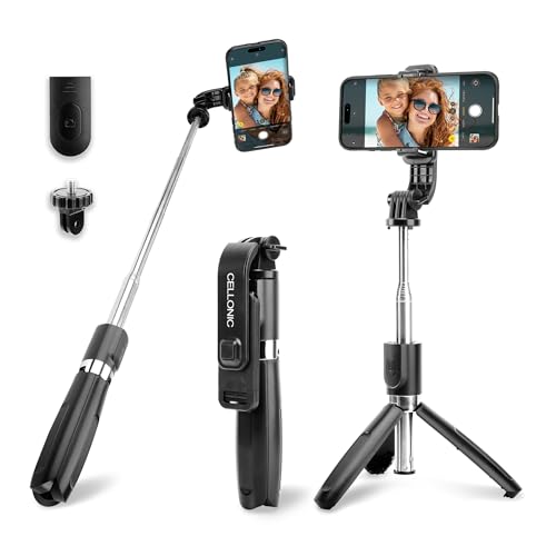 CELLONIC 2-in-1 Selfie-Stick und Stativ–1m Langer ausziehbarer Selfie Stick & klappbares Dreibeinstativ mit Bluetooth Fernbedienung für Handy und Kamera kompatibel mit iPhone,GoPro,Android & weiteren von CELLONIC