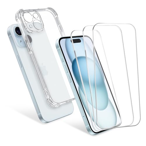 CELLONIC Apple iPhone 15, 1 x Schutzhülle transparent TPU und 3 x Displayschutzglas 6,1 2.5D Case-friendly 9H 0,33mm Full Glue, Displayschutz Tempered Glass von CELLONIC
