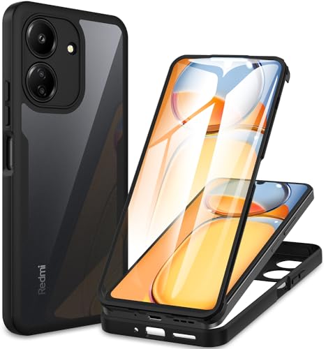 CENHUFO Hülle für Xiaomi Redmi 13C / Poco C65, 360 Grad Handyhülle Schutzhülle mit Eingebautem Displayschutz Stoßfest Panzerhülle Bumper Transparent Cover Ganzkörper komplett Case - Schwarz von CENHUFO