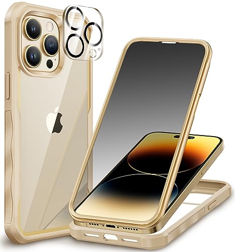 CENHUFO Sichtschutz Hülle für iPhone 14 Pro Max, 360 Grad Handyhülle Schutzhülle mit Eingebautem Privacy Panzerglas Displayschutz und Kameraschutz Stoßfest Panzerhülle Full Cover Case - Beige/Gold von CENHUFO