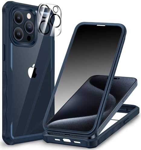 CENHUFO Sichtschutz Hülle für iPhone 15 Pro, mit Eingebautem Privacy Panzerglas Displayschutz und Kameraschutzfolie, 360 Grad Handyhülle Schutzhülle Stoßfest Bumper Anti Spy Cover Case - Blau von CENHUFO