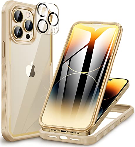 CENHUFO für iPhone 14 Pro Max Hülle, 360 Grad Schutzhülle mit Eingebautem 9H Panzerglas Displayschutz und Kameraschutz, Stoßfest Panzerhülle Cover Case Handyhülle für iPhone 14 Pro Max -Beige/Gold von CENHUFO