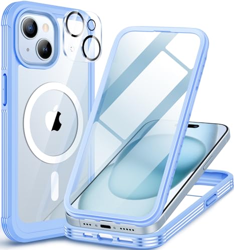 CENHUFO für iPhone 15 Hülle, Kompatibel mit MagSafe Eingebautem Panzerglas Displayschutz und Kamera Schutzfolie 360 Grad Schutzhülle Stoßfest Cover Case Magnetisch Handyhülle iPhone 15 - Blau von CENHUFO