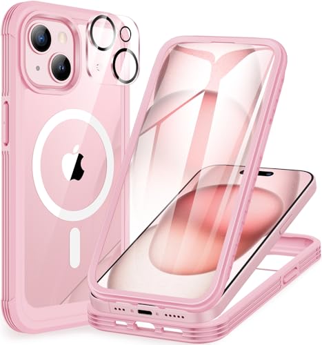 CENHUFO für iPhone 15 Hülle, Kompatibel mit MagSafe Eingebautem Panzerglas Displayschutz und Kamera Schutzfolie 360 Grad Schutzhülle Stoßfest Cover Case Magnetisch Handyhülle iPhone 15 - Rosa von CENHUFO