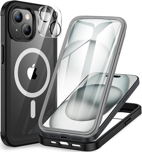 CENHUFO für iPhone 15 Hülle, Kompatibel mit MagSafe Eingebautem Panzerglas Displayschutz und Kamera Schutzfolie 360 Grad Schutzhülle Stoßfest Cover Case Magnetisch Handyhülle iPhone 15 - Schwarz von CENHUFO