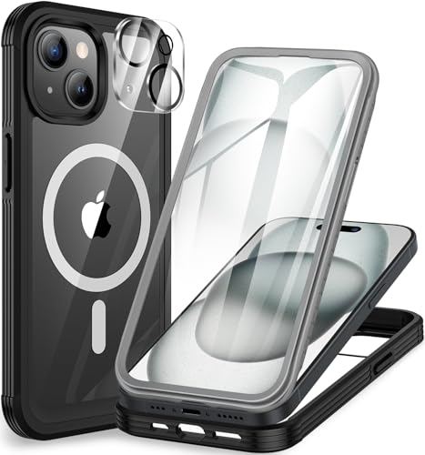 CENHUFO für iPhone 15 Plus Hülle, Kompatibel mit MagSafe Eingebautem Panzerglas Displayschutz und Kameraschutz 360 Grad Schutzhülle Stoßfest Cover Case Magnetisch Handyhülle iPhone 15 Plus,Schwarz von CENHUFO