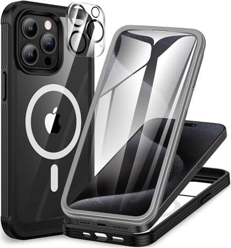 CENHUFO für iPhone 15 Pro Hülle, Kompatibel mit MagSafe Eingebautem Panzerglas Displayschutz und Kameraschutz 360 Grad Schutzhülle Stoßfest Cover Case Magnetisch Handyhülle iPhone 15 Pro - Schwarz von CENHUFO