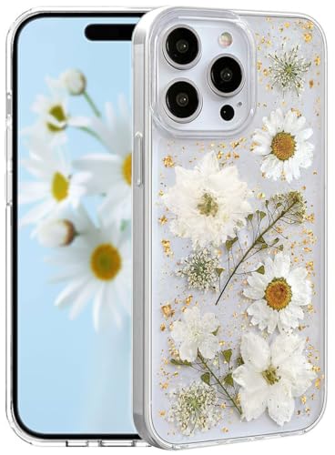 CEOKOK Schutzhülle für iPhone 14 Pro Max, transparent, mit echten gepressten Blumen, Glitzer, niedliches glitzerndes Blumenmuster, schmal, weich, TPU, für Damen und Mädchen (Gold) von CEOKOK