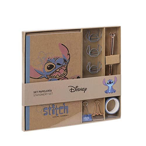 CERDÁ LIFE'S LITTLE MOMENTS - Set Papeleria Stitch Incluye Cuaderno Kraft A5-21 x 13 cm - Boligrafo Negro de Metal, Cinta Adhesiva, Clips con Forma y 2 Clips Metálicos von CERDÁ LIFE'S LITTLE MOMENTS