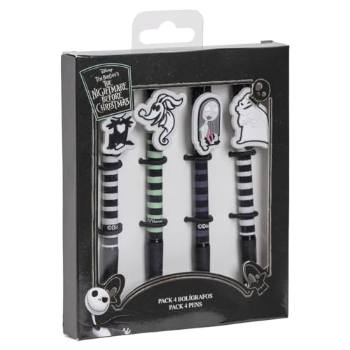 Packung mit 4 Kugelschreibern zum Albtraum vor Weihnachten, mit mehreren Designs in Weiß, Grün, Violett und Schwarz, aus Kunststoff und Gummi, Originalprodukt, entworfen in Spanien von CERDÁ LIFE'S LITTLE MOMENTS