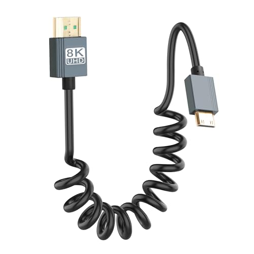 CERRXIAN 8K Mini HDMI auf HDMI Kabel, Ultra HD High Speed HDMI auf Mini HDMI 2.1 Spiralkabel, unterstützt 8K 4K 3D und dynamisches HDR bis zu 48 Gbit/s, kompatibel mit TV, PC usw. 0,9 m von CERRXIAN