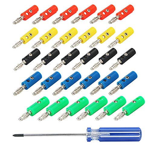 CESFONJER 4mm Bananenstecker, für HiFi Lautsprecherkabel, AV-Receiver, Verstärker, Surround-Sound, Bananenwandplatten, korrosionsbeständig (6 Rot, 6 Grün, 6 Blau, 6 Gelb, 6 Schwarz + Schraubendreher) von CESFONJER