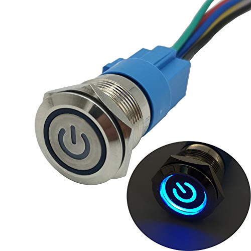 CESFONJER Blau LED Selbstsperrender Latching Drucktastenschalter Mit Power-Symbol, IP67 LED-Taster, LED Druckknopf für Auto mit 23cm Kabel Kit für 19mm 3/4"Montagebohrung 12V Power von CESFONJER