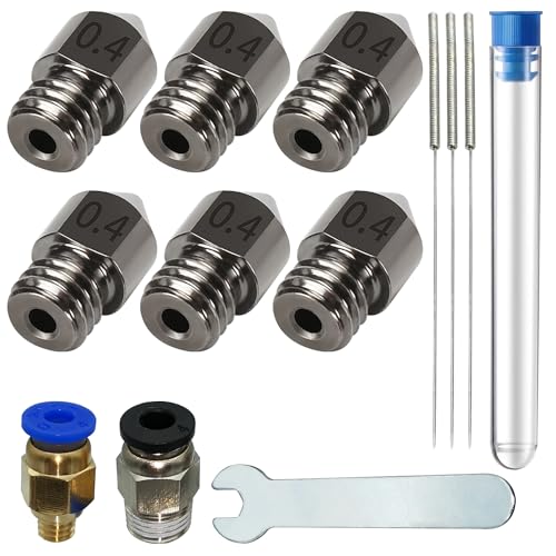 Printers Nozzles Gehärtetem Stahl, CESFONJER 6 Drucker Düse 0,4 mm + Reinigungsnadel aus Edelstahl + 6mm Gabelschlüssel ünd Pneumatisches Gelenk PC4-M6-M10(1P+1P) für 1,75 mm Filament 3D Drucker von CESFONJER