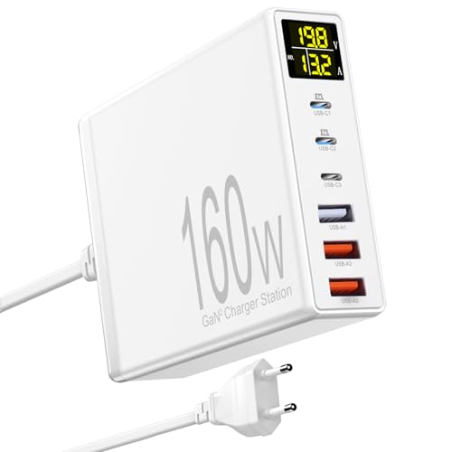 CESTONE USB C Ladestation, 160W GaN 6-Port Schnellladestation, Multi Port Netzteil mit LED Display Bildschirm, passend für MacBook iPad、iPhone16 ProMax,Samsung, LG, Tablette (White) von CESTONE