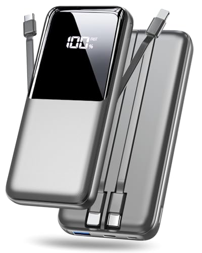 Power Bank 15000mAh, Tragbares Ladegerät mit integrierten Kabeln, 3 Anschlüssen USB C Schnellladung Powerbank Externer Akku Kompatibel mit iPhone 16 15 14 13 Android und mehr, Grau von CFIAI