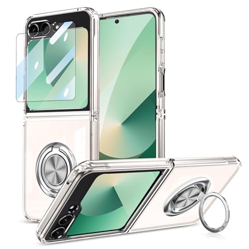 CFPLZFY Für Samsung Galaxy Z Flip 6 hülle mit Ringhalter, Transparent klar Crystal Handyhülle,Mit vorderen Bildschirmschutz (Durchsichtig, Z Flip6) von CFPLZFY
