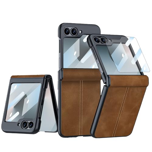 CFPLZFY Für Samsung Galaxy Z Flip 6 hülle mit Scharniere Schutz & PU-Leder & Eingebauter Frontbildschirmschutz, dünn All-Inclusive-Rugged handyhülle (Braun, Z Flip6) von CFPLZFY