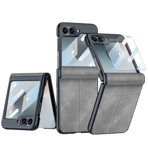 CFPLZFY Für Samsung Galaxy Z Flip 6 hülle mit Scharniere Schutz & PU-Leder & Eingebauter Frontbildschirmschutz, dünn All-Inclusive-Rugged handyhülle (Grau, Z Flip6) von CFPLZFY
