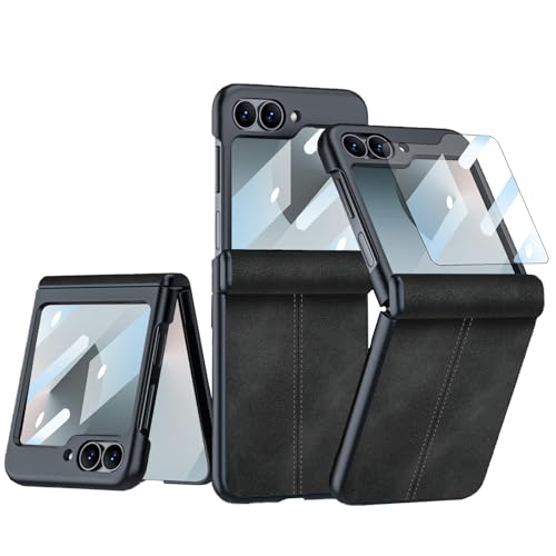 CFPLZFY Für Samsung Galaxy Z Flip 6 hülle mit Scharniere Schutz & PU-Leder & Eingebauter Frontbildschirmschutz, dünn All-Inclusive-Rugged handyhülle (Schwarz, Z Flip6) von CFPLZFY