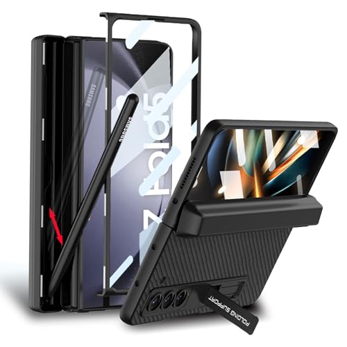 CFPLZFY Für Samsung Galaxy Z Fold 5 Leder Hülle mit Stiftschlitz, Scharnier Schutz, ständer,Frontabdeckung Integrierter Bildschirmschutz,All-Inclusive-Rugged handyhülle (Kohlefaser-Muster) von CFPLZFY