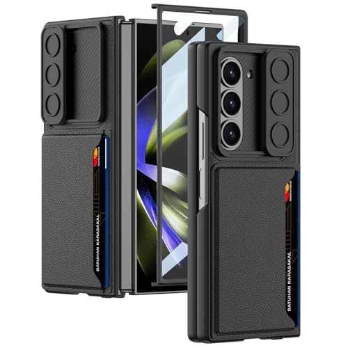 CFPLZFY Für Samsung Galaxy Z Fold 6 Hülle mit Kartenfach & Kamera-Schiebefenster Schutz,Frontabdeckung Integrierter Bildschirmschutz,Ultradünn und sturzsicher handyhülle (Schwarz, Z Fold6) von CFPLZFY