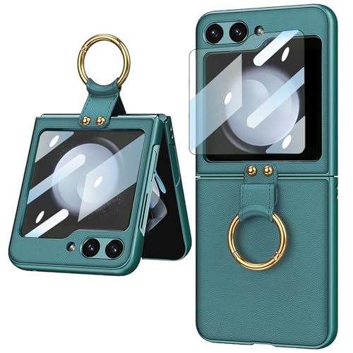 CFPLZFY Leder handyhülle für Samsung Galaxy Z Flip 5 mit Ring,ständer, Front Displayschutzfolie,dünn Langlebige (Grün, z flip5) von CFPLZFY