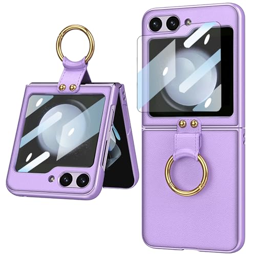 CFPLZFY Leder handyhülle für Samsung Galaxy Z Flip 5 mit Ring,ständer, Front Displayschutzfolie,dünn Langlebige (Lila, z flip5) von CFPLZFY