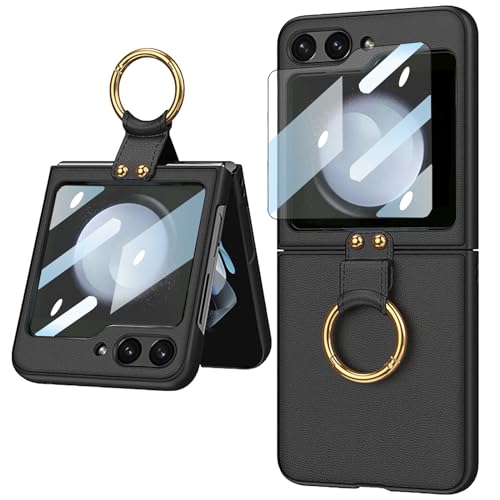 CFPLZFY Leder handyhülle für Samsung Galaxy Z Flip 5 mit Ring,ständer, Front Displayschutzfolie,dünn Langlebige (Schwarz, z flip5) von CFPLZFY