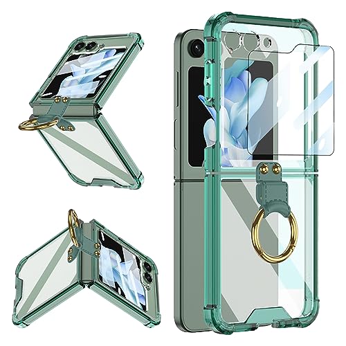 CFPLZFY Transparent hülle für Samsung Galaxy Z Flip 5 mit Ring, ständer, TPU Rahmen Vier Ecken Airbag gegen Absturz klar Handyhülle ，Mit kleinen Bildschirmschutz (Grün, z flip5) von CFPLZFY