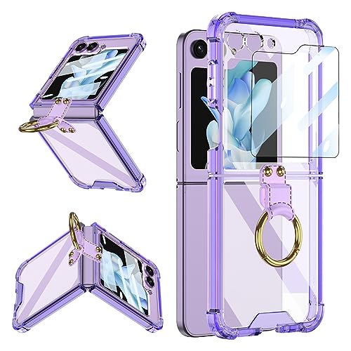 CFPLZFY Transparent hülle für Samsung Galaxy Z Flip 5 mit Ring, ständer, TPU Rahmen Vier Ecken Airbag gegen Absturz klar Handyhülle ，Mit kleinen Bildschirmschutz (Lila, z flip5) von CFPLZFY