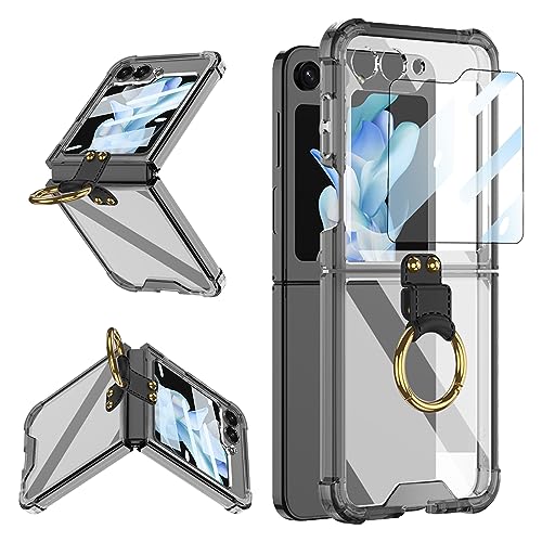 CFPLZFY Transparent hülle für Samsung Galaxy Z Flip 5 mit Ring, ständer, TPU Rahmen Vier Ecken Airbag gegen Absturz klar Handyhülle ，Mit kleinen Bildschirmschutz (Schwarz, z flip5) von CFPLZFY