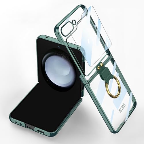 CFPLZFY Transparente hülle für Samsung Galaxy Z Flip 5 mit Ring,ständer, Galvanisierter Rahmen Durchsichtige dünn handyhülle，Mit Kleiner Bildschirmschutzfolie (Grün) von CFPLZFY