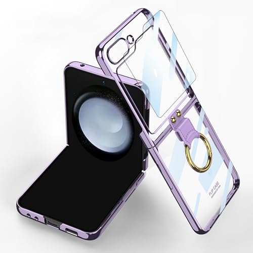 CFPLZFY Transparente hülle für Samsung Galaxy Z Flip 5 mit Ring,ständer, Galvanisierter Rahmen Durchsichtige dünn handyhülle，Mit Kleiner Bildschirmschutzfolie (Lila) von CFPLZFY