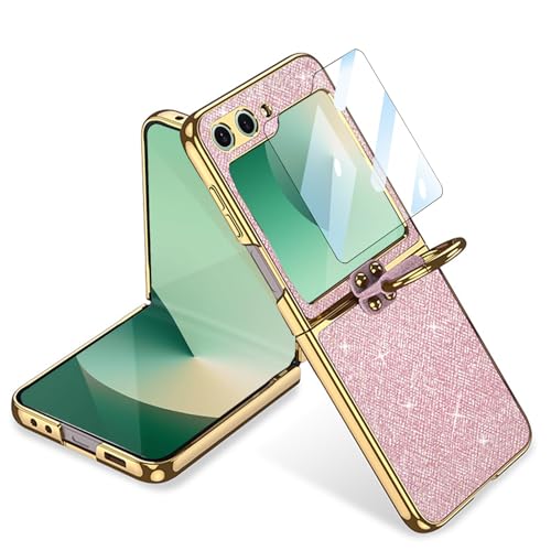 CFPLZFY für Samsung Galaxy Z Flip 6 Glitter hülle mit Ring-Halter & PU-Leder & Galvanische Rahmen & Integrierter Schutz für den vorderen Bildschirm, für Damen (Rosa, Z Flip 6) von CFPLZFY